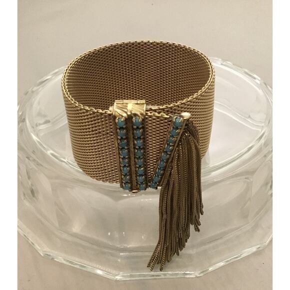 Vintage Christian Dior Gold Mesh Faux Turquoise Modernist Bracelet w/Fringe 60s - Picture 1 of 8
